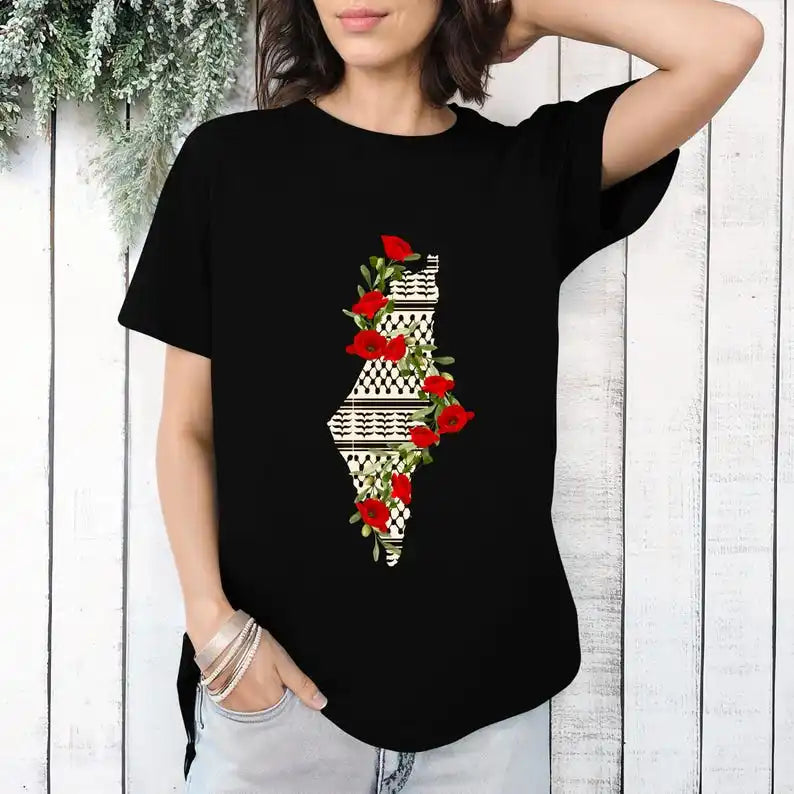 Palästina T-Shirt mit Blumen- und Kartendruck, Baumwoll-T-Shirts