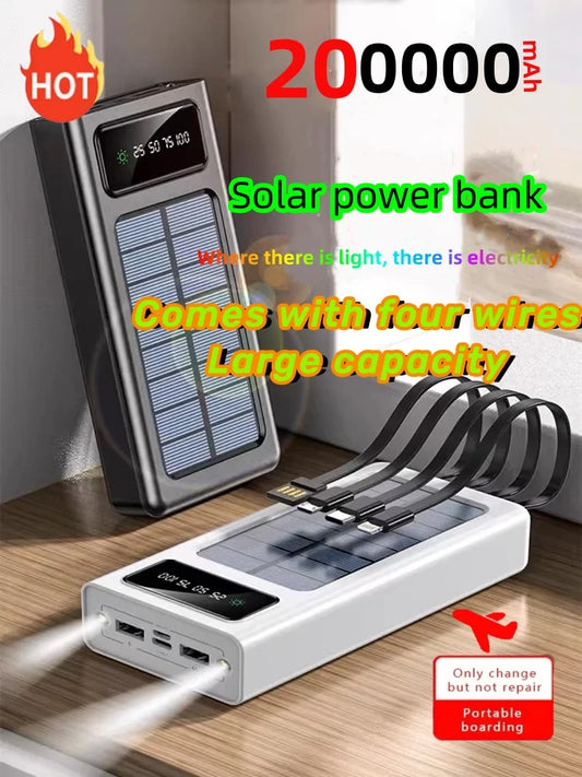200000 mAh Powerbank mit extrem großer Kapazität, Solar-Lade-Powerbank, kommt mit vier Drähten, geeignet für Samsung, Apple, Huawei