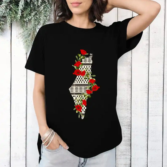 Palästina T-Shirt mit Blumen- und Kartendruck, Baumwoll-T-Shirts