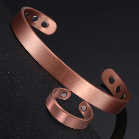 SNQP Set Pure Copper Bracelets and Rings Simplicity Cuff Magnetic Bangles for Women Men Arthritis Health Solid Copper Jewelry